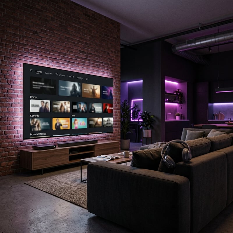 A large flat screen TV is mounted on a brick wall in a living room.