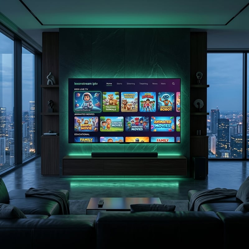 A large flat screen TV with a green glow is mounted on the wall in a living room.