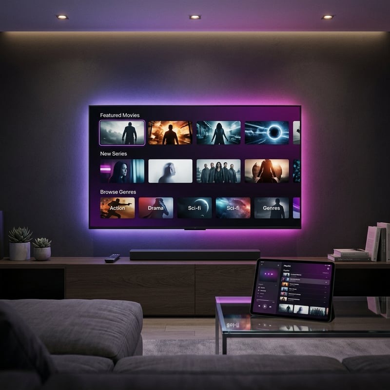 A large flat screen TV with a purple frame displaying a selection of movies and TV shows.
