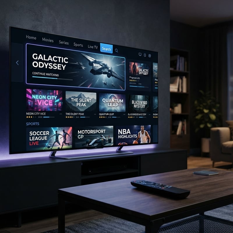 A flat screen TV with a menu of movies and shows on it.