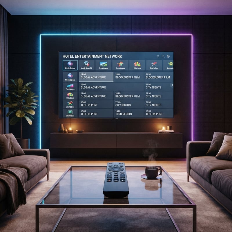 A large flat screen TV displaying a menu of channels, including IPTV.