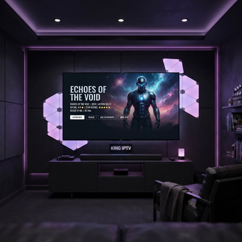 A large flat screen TV with a man in a suit on it, sitting in a dark room with a couch and a bookshelf.