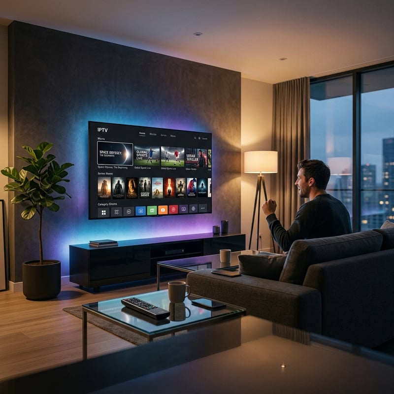A man sits in a living room watching a flat screen TV with a menu on the screen.