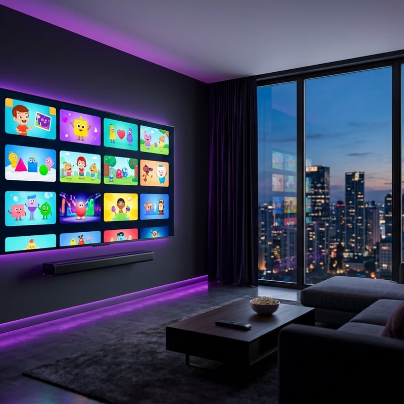 A large flat screen TV with multiple screens displaying cartoons and other content.