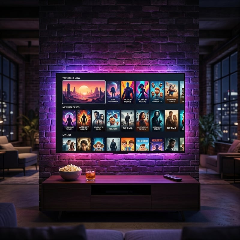 A large flat screen TV with a menu of movies and shows on it.
