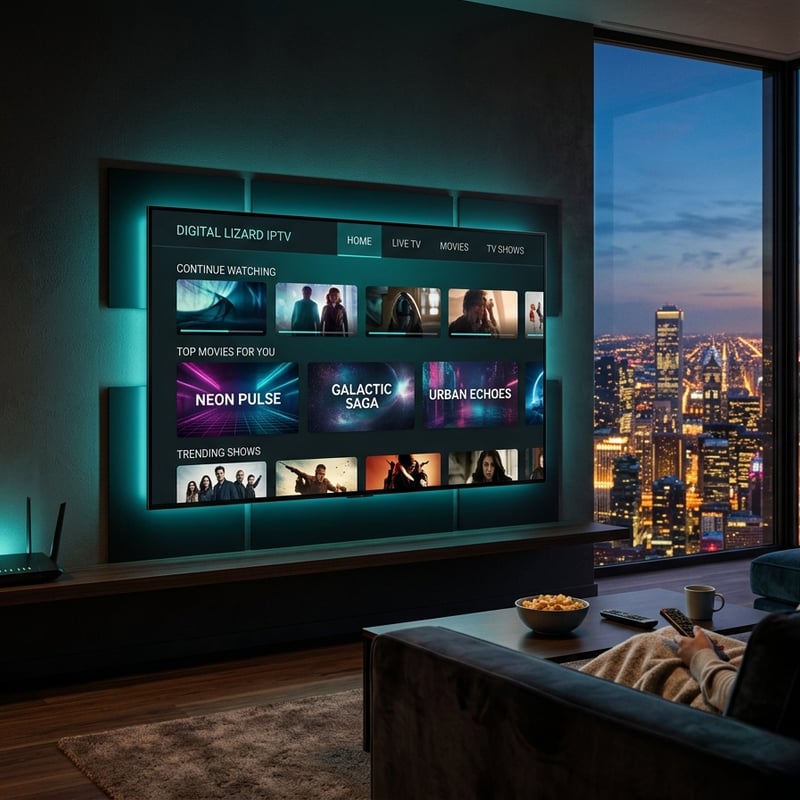 A large flat screen TV displaying a menu of digital channels.