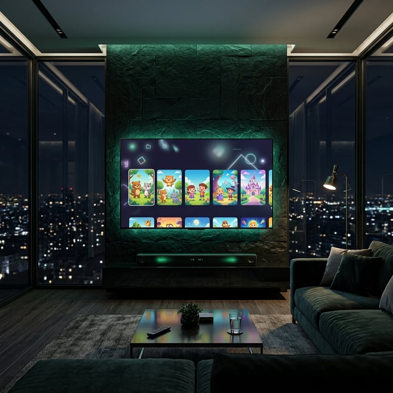 A large flat screen TV with cartoons on it.