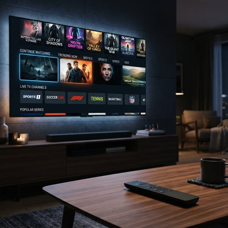 A flat screen TV with a menu of channels including IPTV.