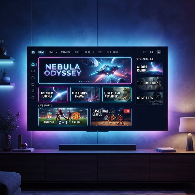 A large screen TV with the word Nebula on it.