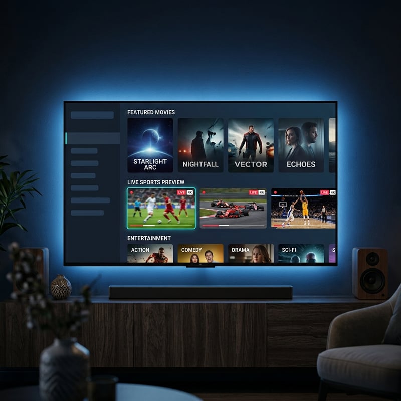 A flat screen TV with a menu of movies and shows on it.