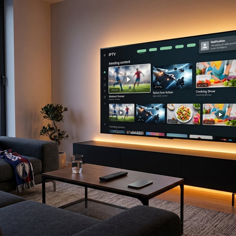 A large flat screen TV displaying a menu of IPTV channels.