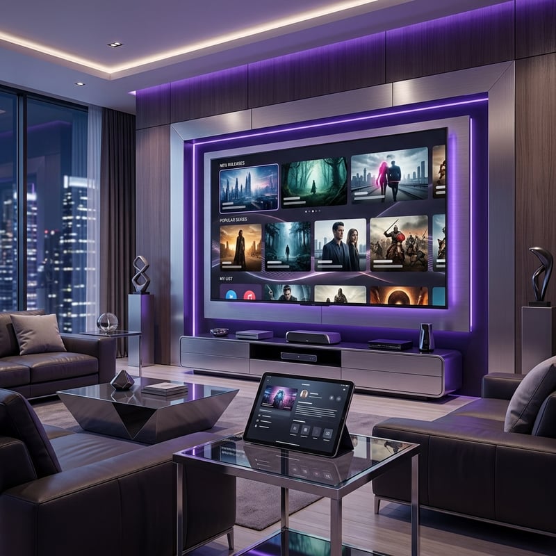 A large flat screen TV with a purple frame and a laptop on a glass table.