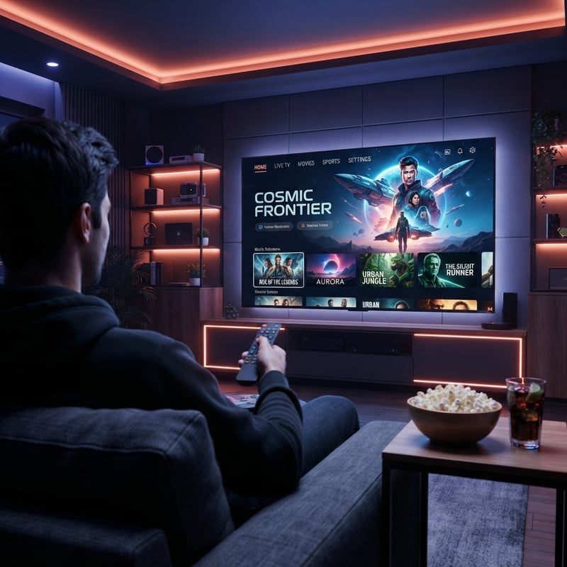 A man sitting on a couch watching a movie on a large screen TV.