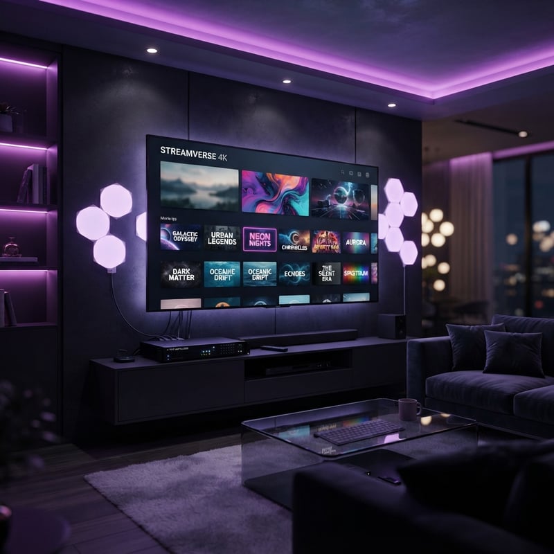 A large flat screen TV with a purple frame and a black stand displaying a variety of channels.
