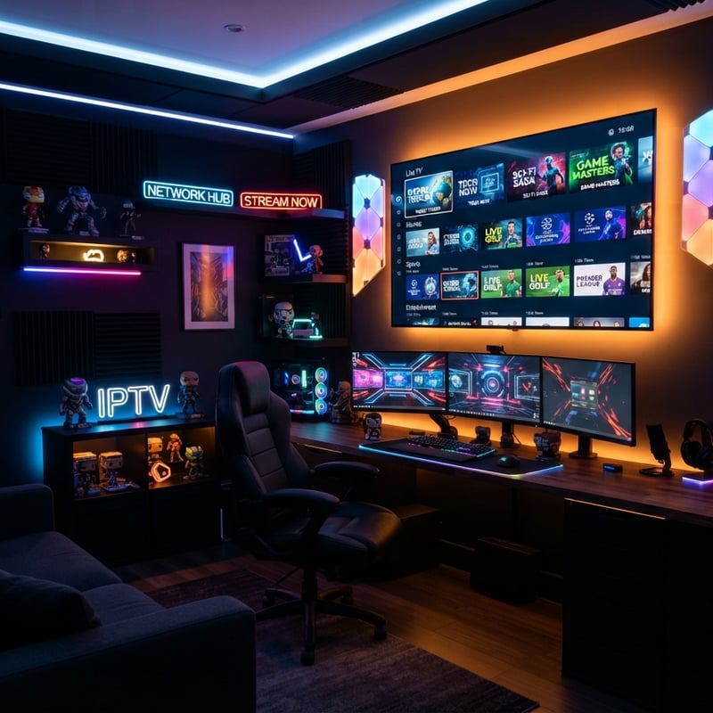 A room with a large screen TV and a chair in front of it.