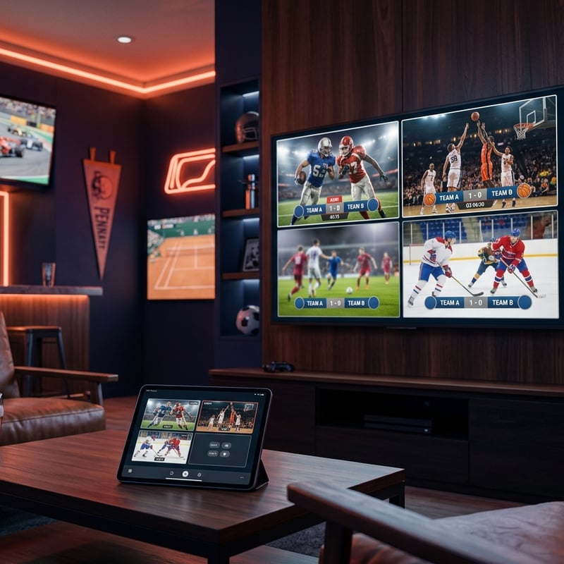 A room with a large flat screen TV and a tablet displaying sports.