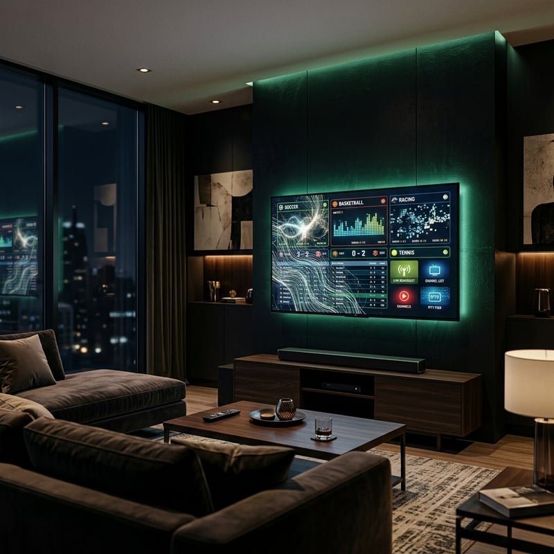 A large flat screen TV with a green frame is mounted on the wall in a living room.