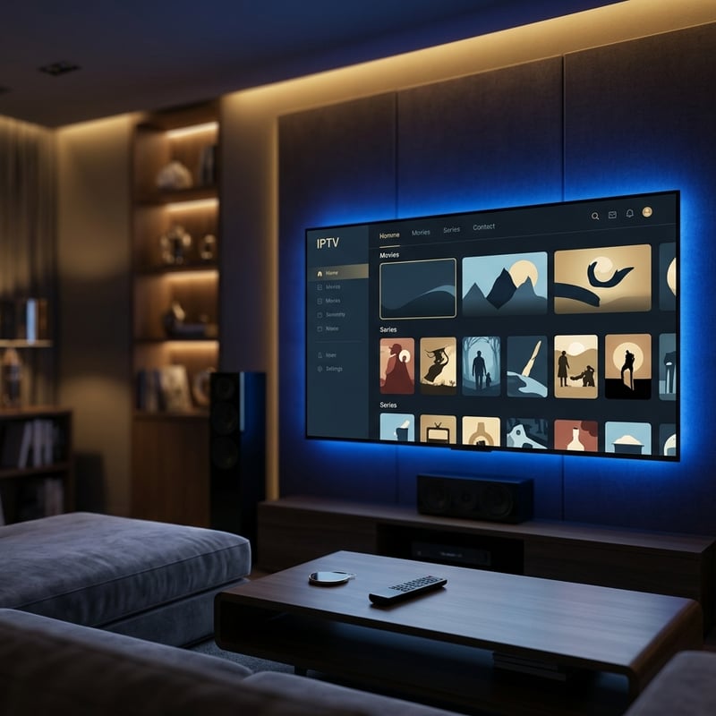A large flat screen TV with a blue frame and a picture of a mountain on it.