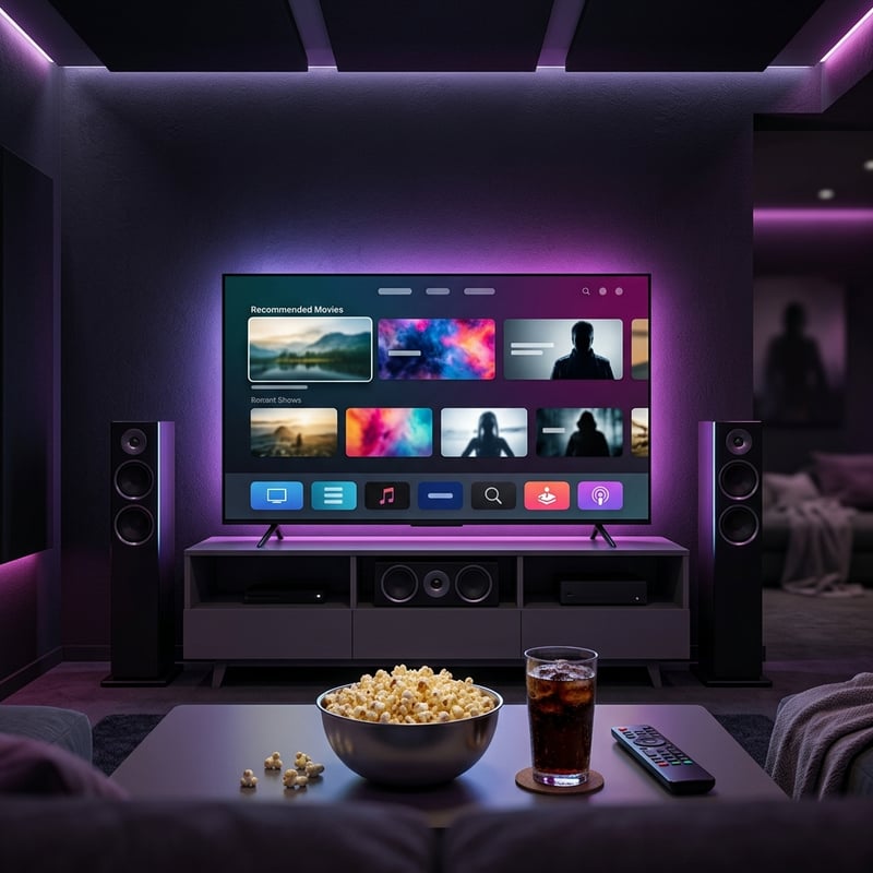 A large flat screen TV with a bowl of popcorn in front of it.