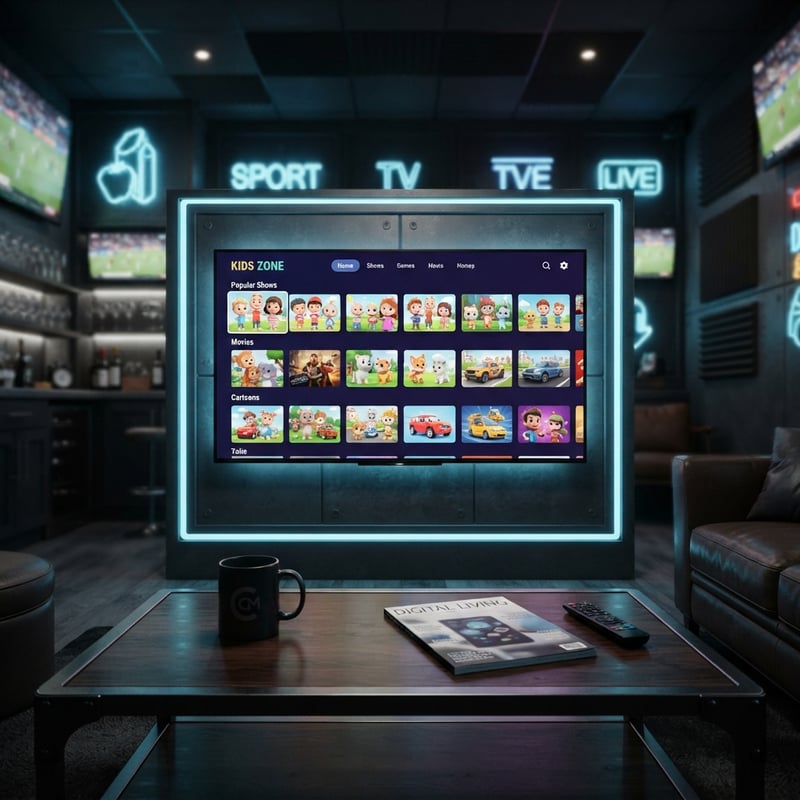 A large flat screen TV with a menu of channels including IPTV.