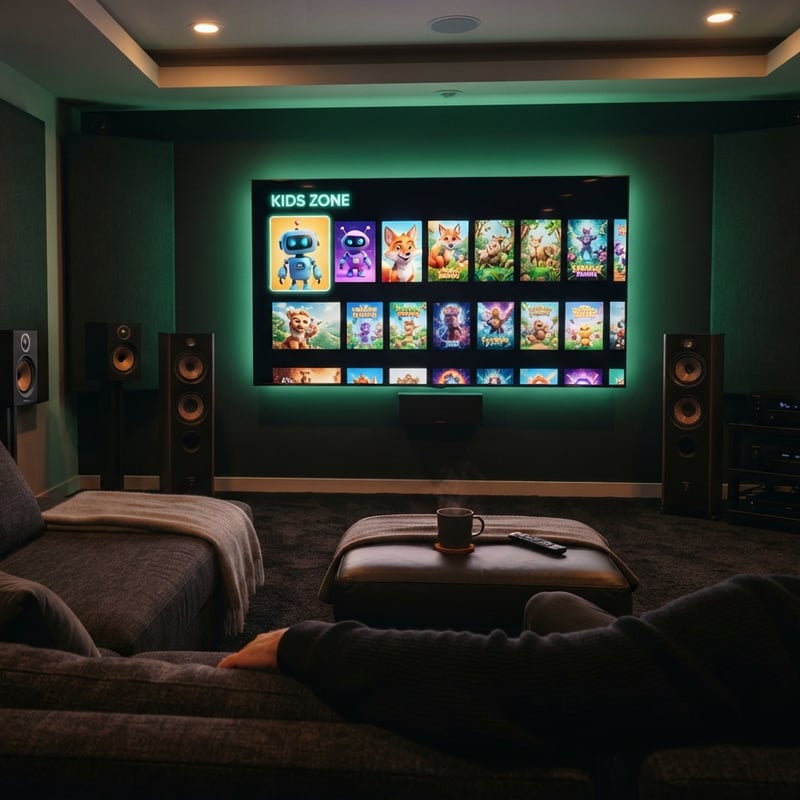 A man is sitting in a living room with a large screen TV displaying a collection of cartoons.