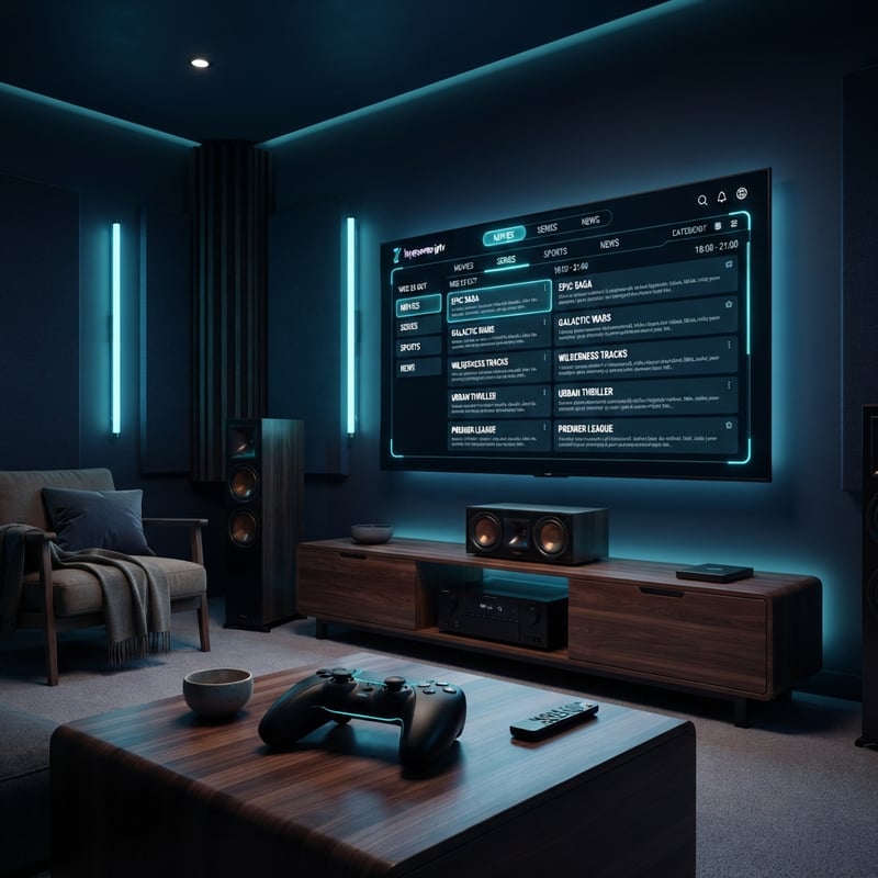 A living room with a large screen TV and a gaming console.