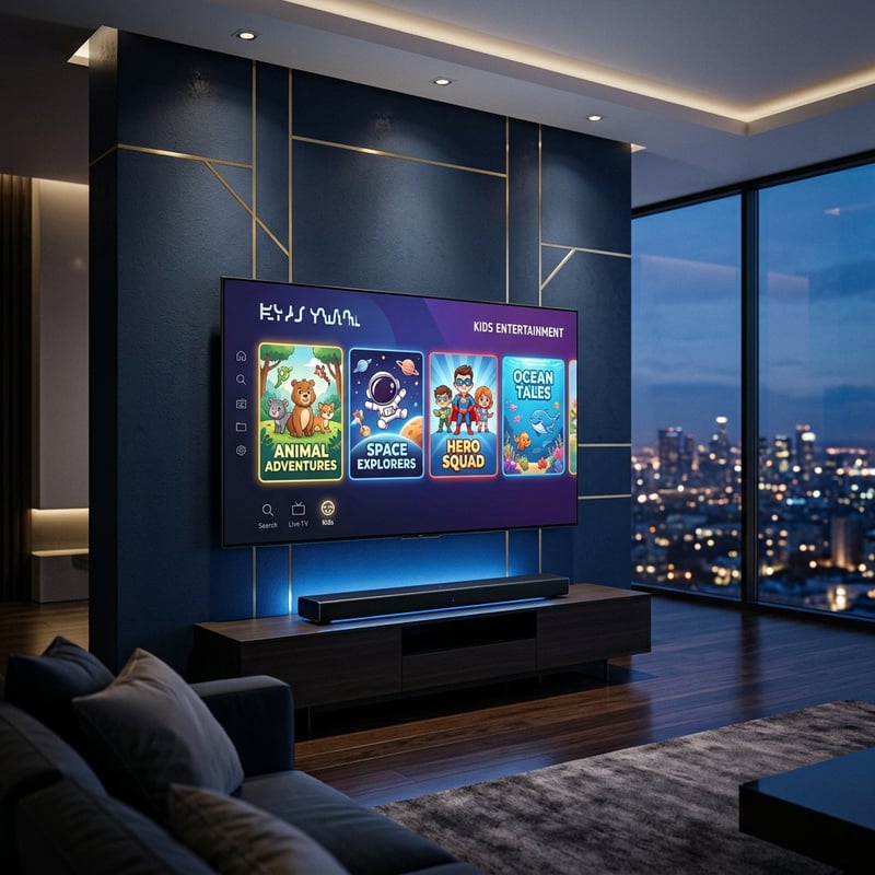 A large flat screen TV displaying a selection of children's shows.