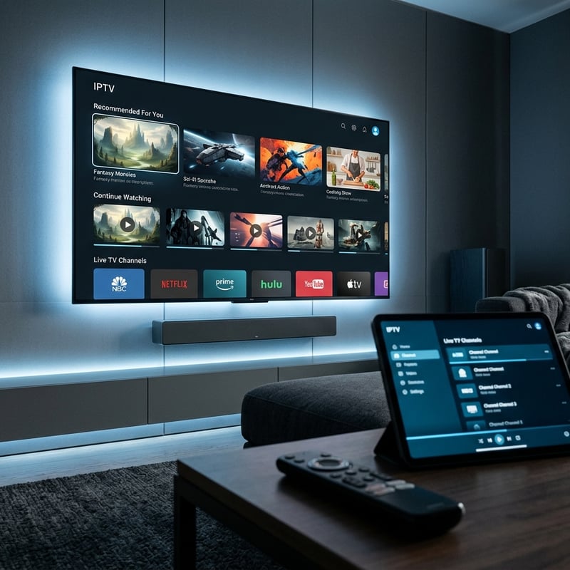 A large flat screen TV with IPTV on the screen.