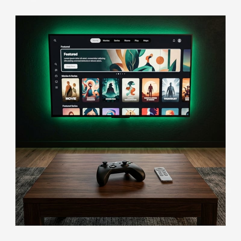 A flat screen TV with a green glow is displaying a menu of movies and shows.