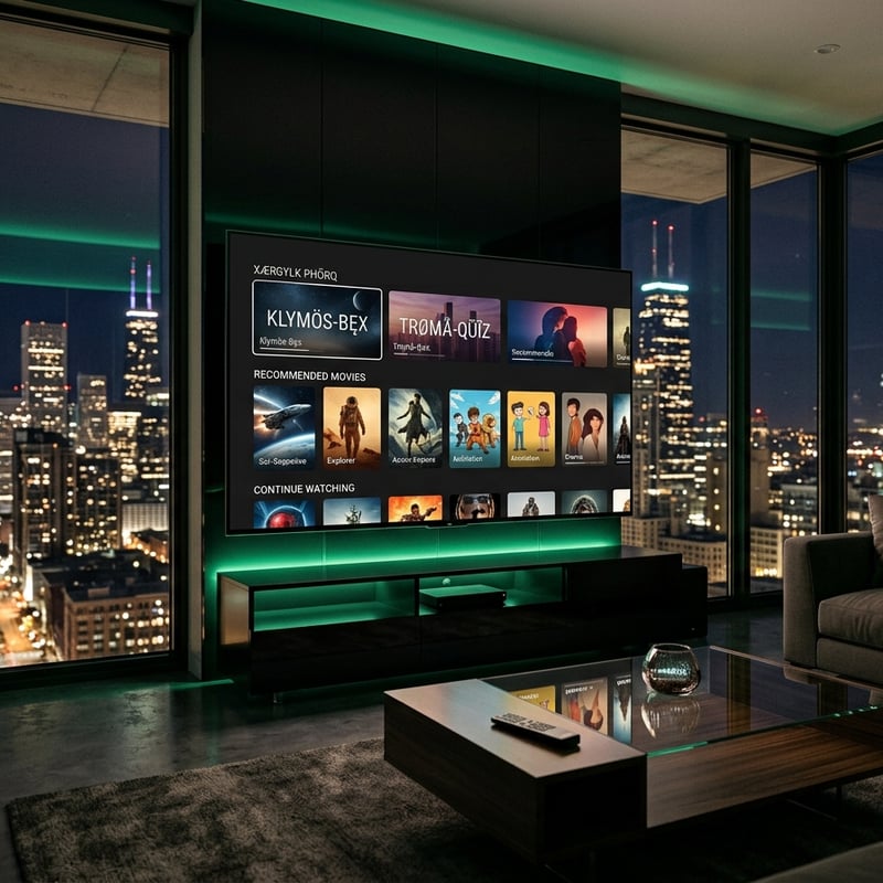A large flat screen TV with a black frame and green trim is displaying a selection of movies and TV shows.
