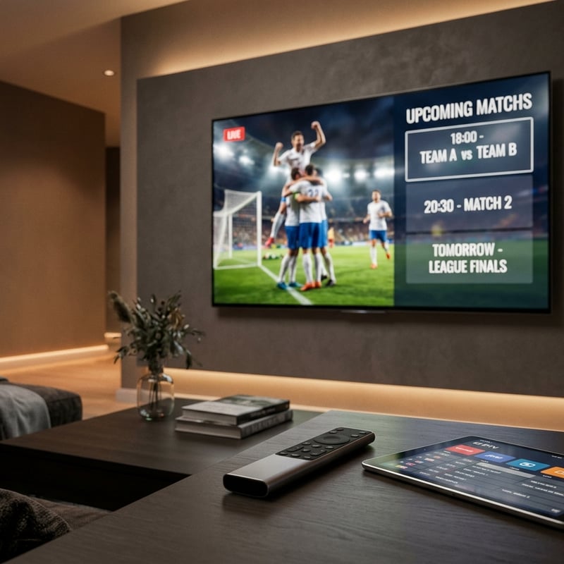 A flat screen TV displaying a soccer match with the words 