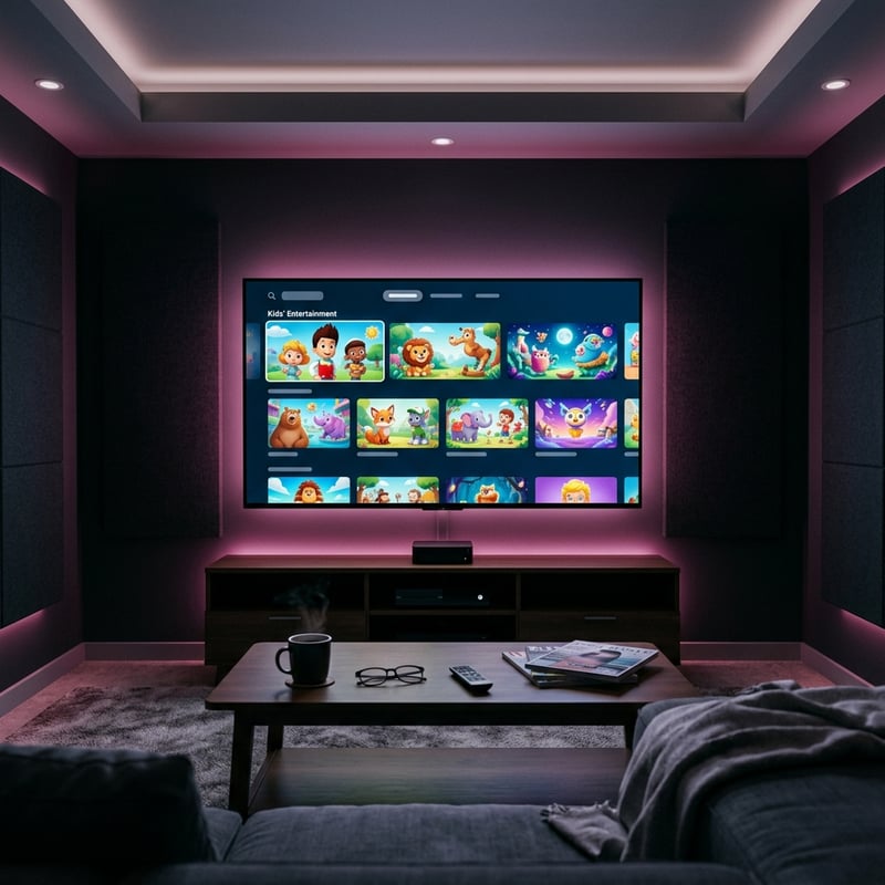A large flat screen TV with a pink glow displaying a variety of cartoons.