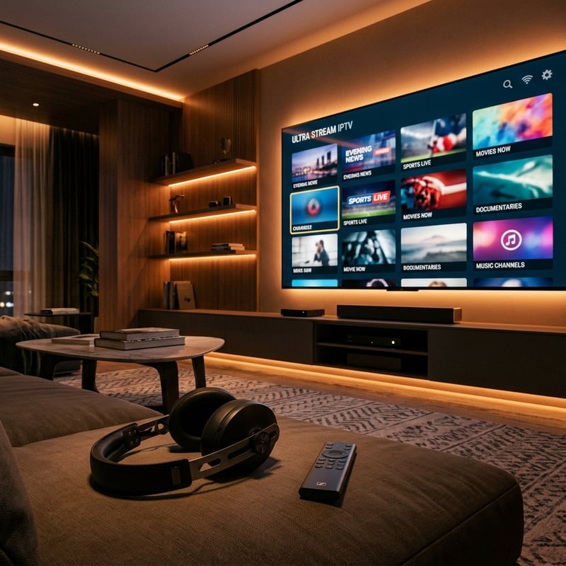 A large flat screen TV is on in a living room with a remote control and headphones on a couch.