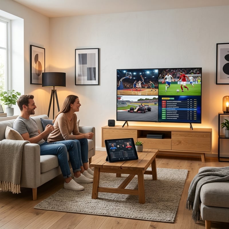 A man and woman sitting on a couch watching a large flat screen TV.