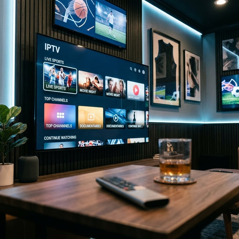 A large flat screen TV with IPTV on the screen.