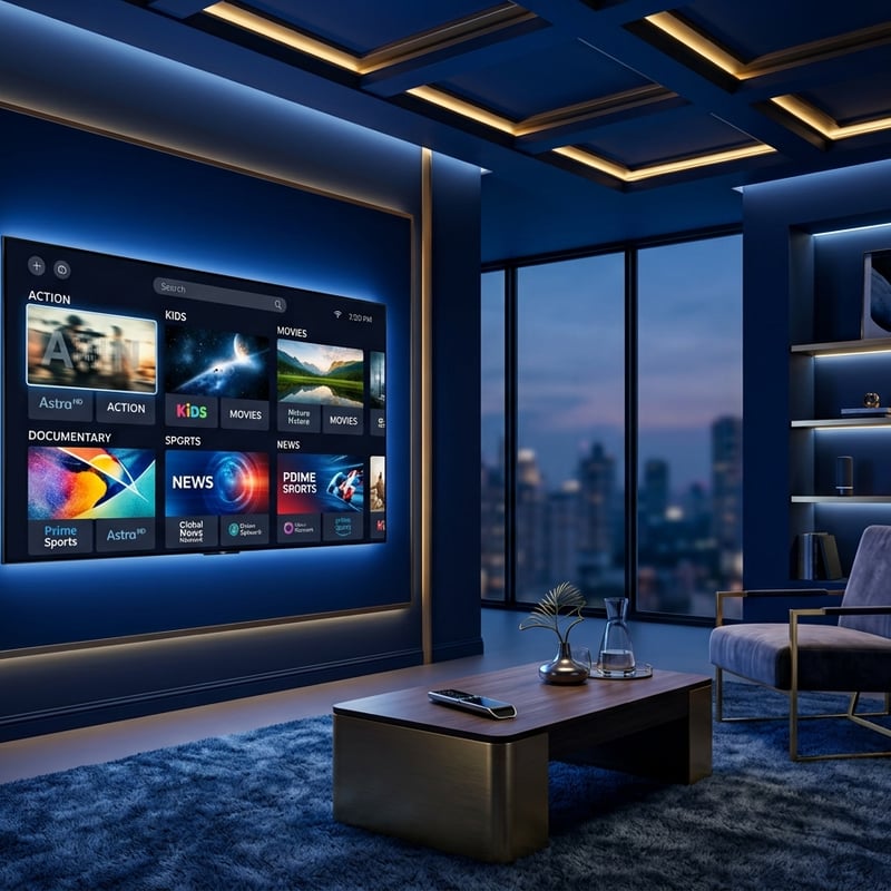 A large flat screen TV with a variety of channels including IPTV.