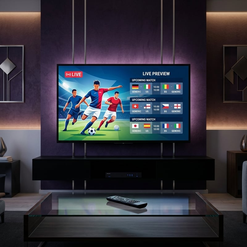 A flat screen TV displaying a soccer game with the words 