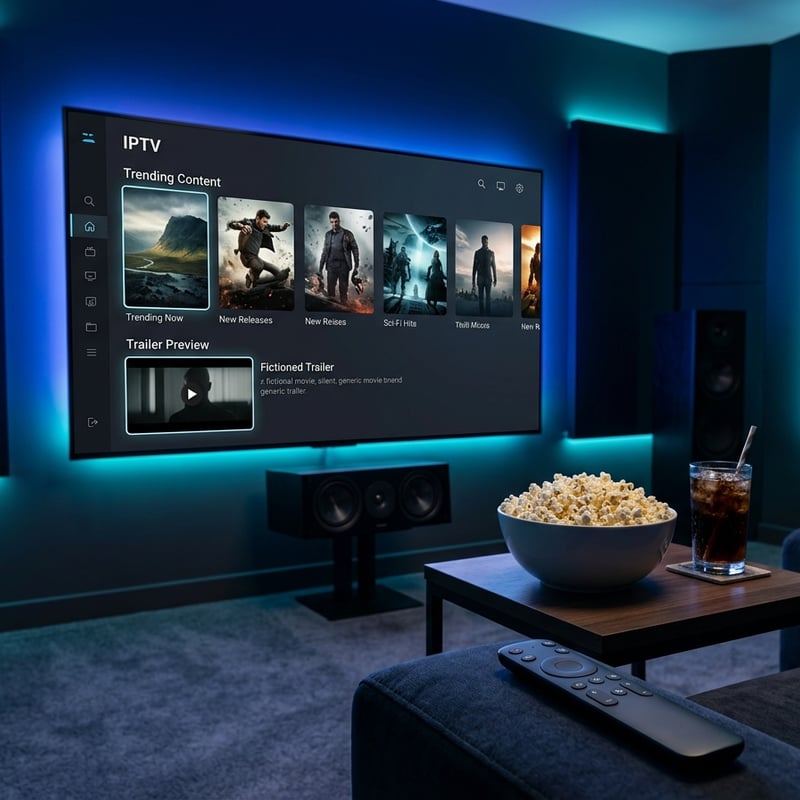 A large flat screen TV with IPTV on the screen.