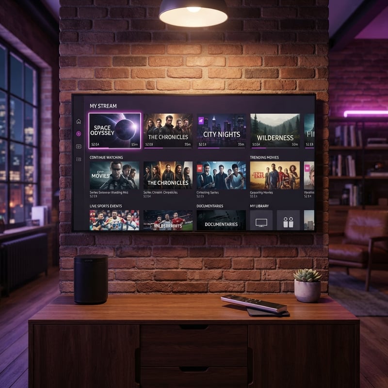 A flat screen TV with a menu of movies and shows on it.