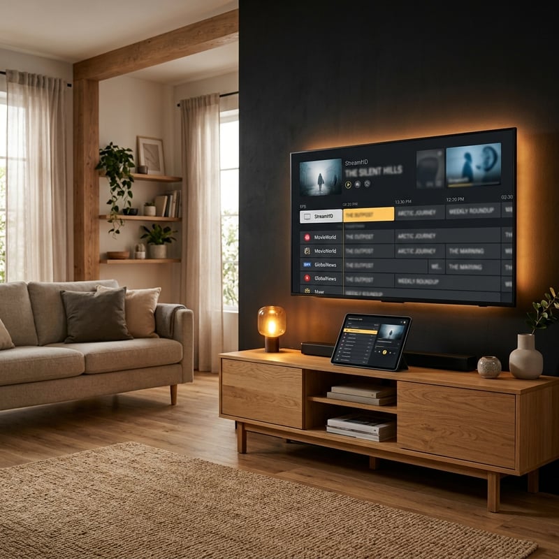 A large flat screen TV with a remote control on a wooden stand.