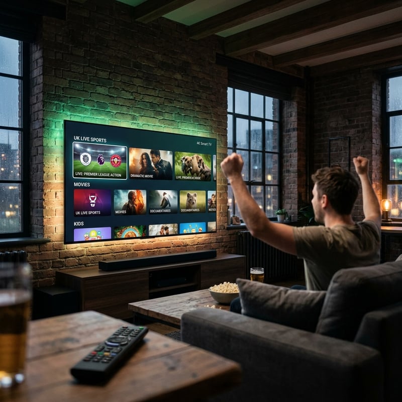A man is sitting in a living room watching TV with a remote control in his hand.