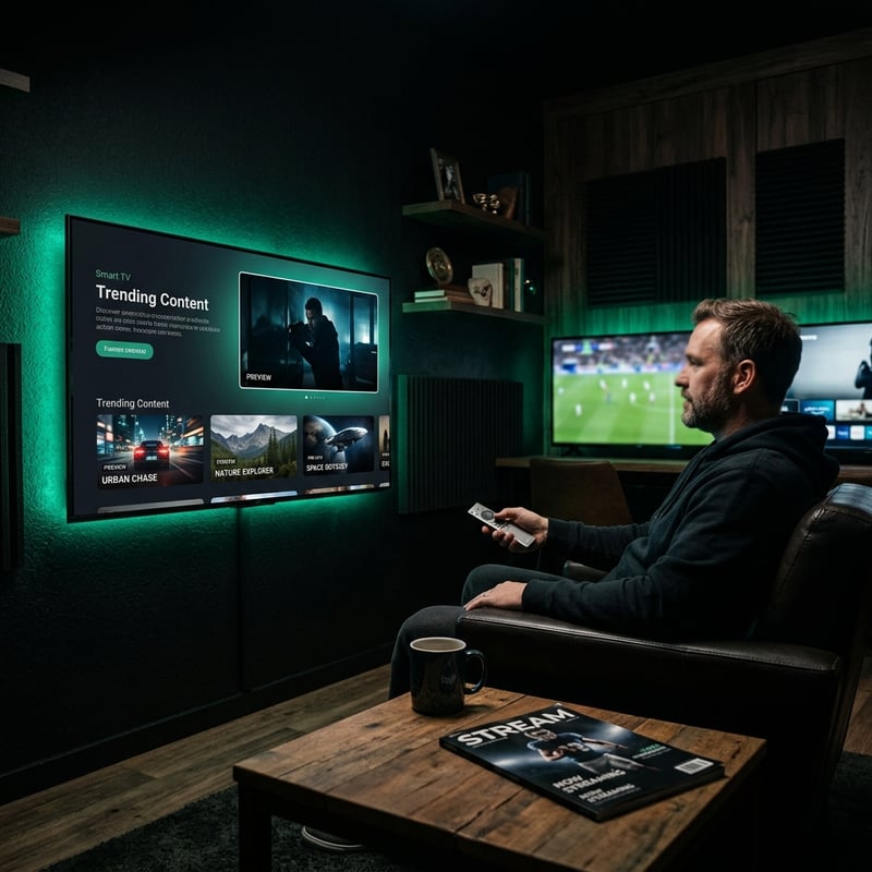 A man is sitting in a living room watching a TV.