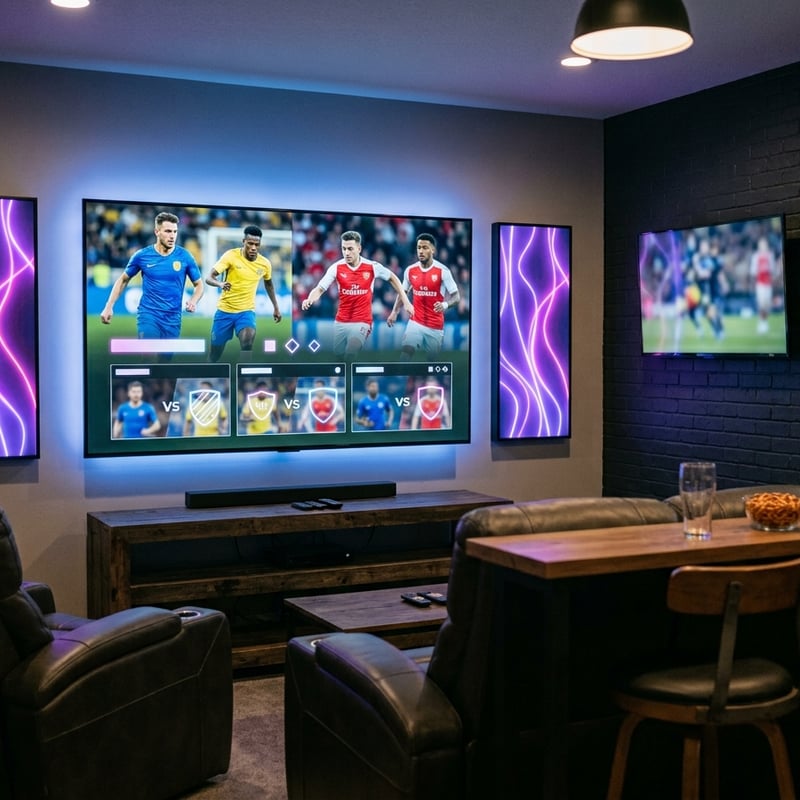 A living room with a large flat screen TV and a leather chair.