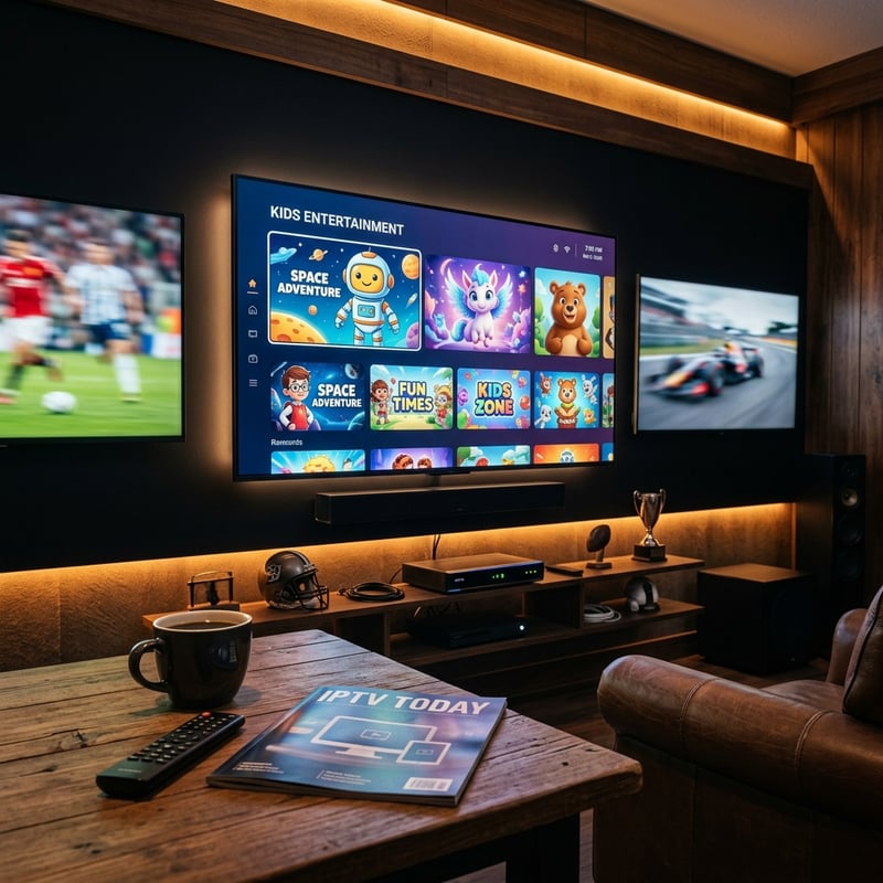 A room with a large flat screen TV and a magazine with the word IPTV on the cover.