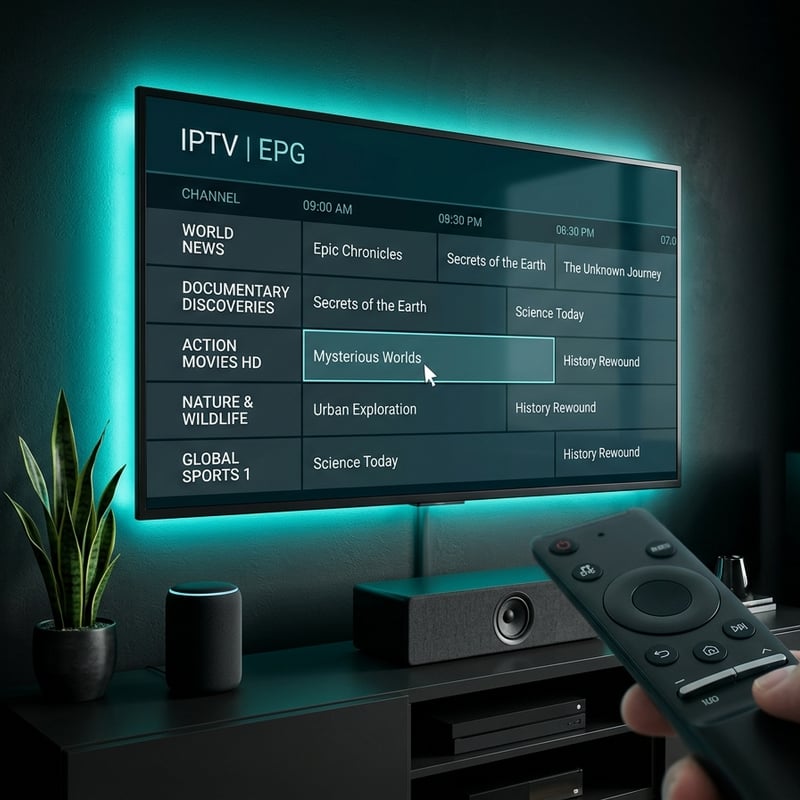 A person holding a remote control to a TV that is displaying the IPTV menu.