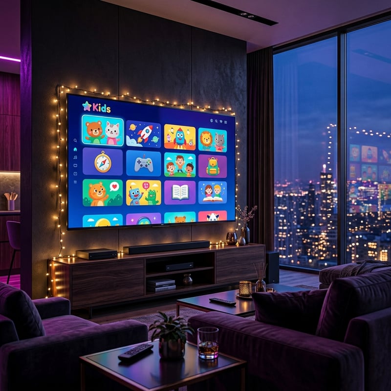 A large flat screen TV with a children's channel playing.