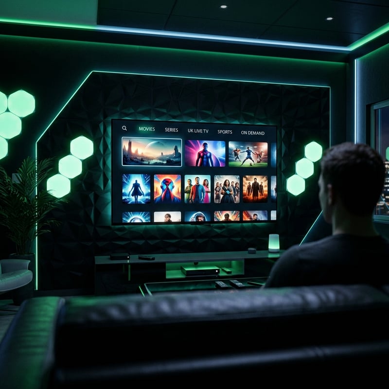 A man is sitting on a couch in front of a large screen TV that is displaying a variety of movies and shows.