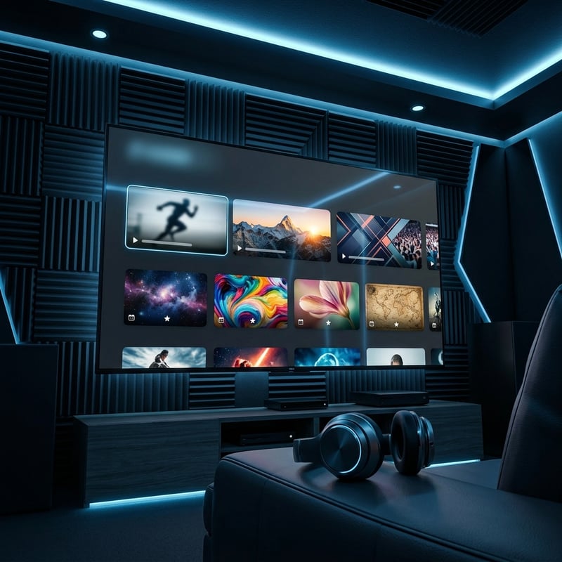 A large flat screen TV with a black frame and a blue background displaying a variety of images and videos.