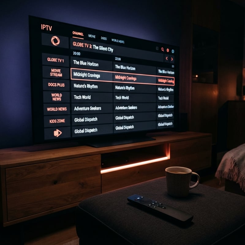 A flat screen TV displaying the IPTV menu.