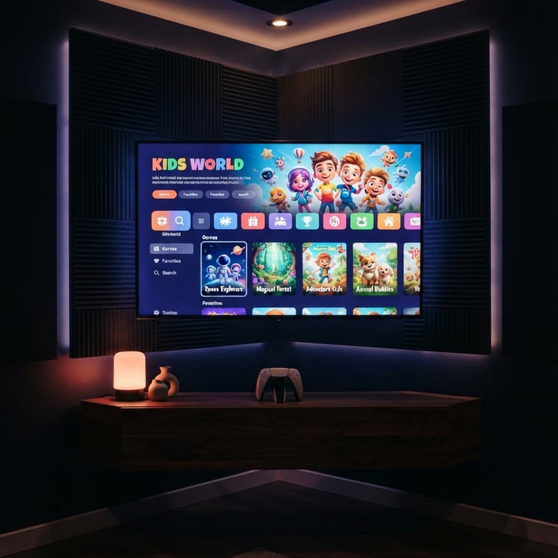 A large flat screen TV with a blue frame and a blue background displaying a children's channel.